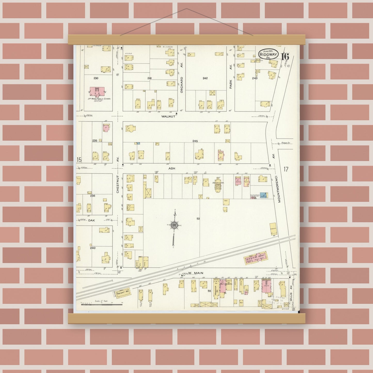 Old map wall art mockup — magnetic wood frame on brick wall — Sanborn Fire Insurance Map from Ridgway, Elk County, Pennsylvania (1915), Sheet #0016