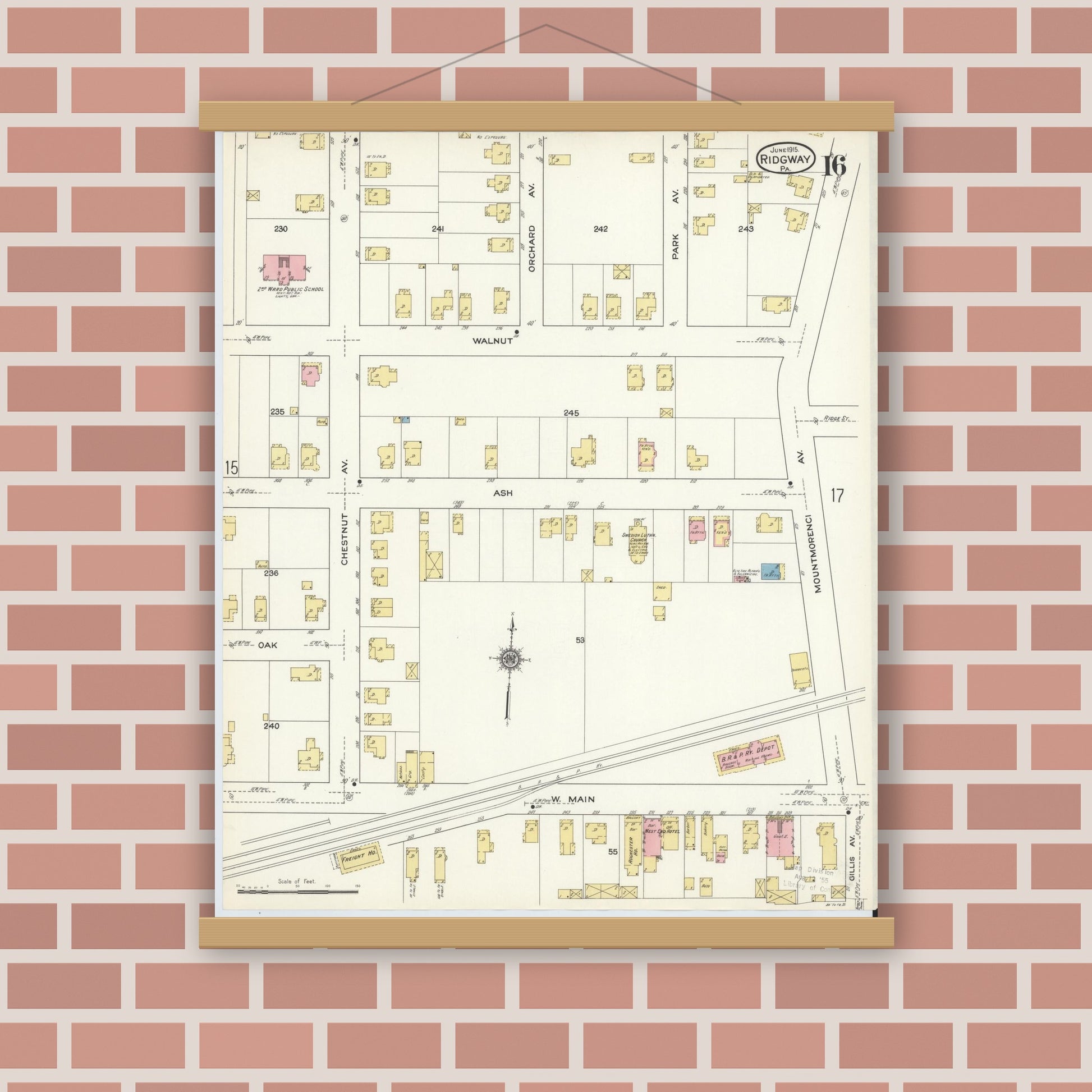 Old map wall art mockup — magnetic wood frame on brick wall — Sanborn Fire Insurance Map from Ridgway, Elk County, Pennsylvania (1915), Sheet #0016