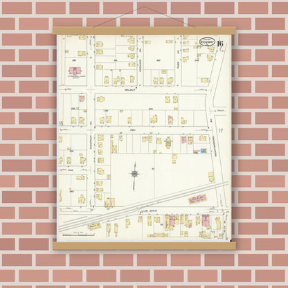 Old map wall art mockup — magnetic wood frame on brick wall — Sanborn Fire Insurance Map from Ridgway, Elk County, Pennsylvania (1915), Sheet #0016