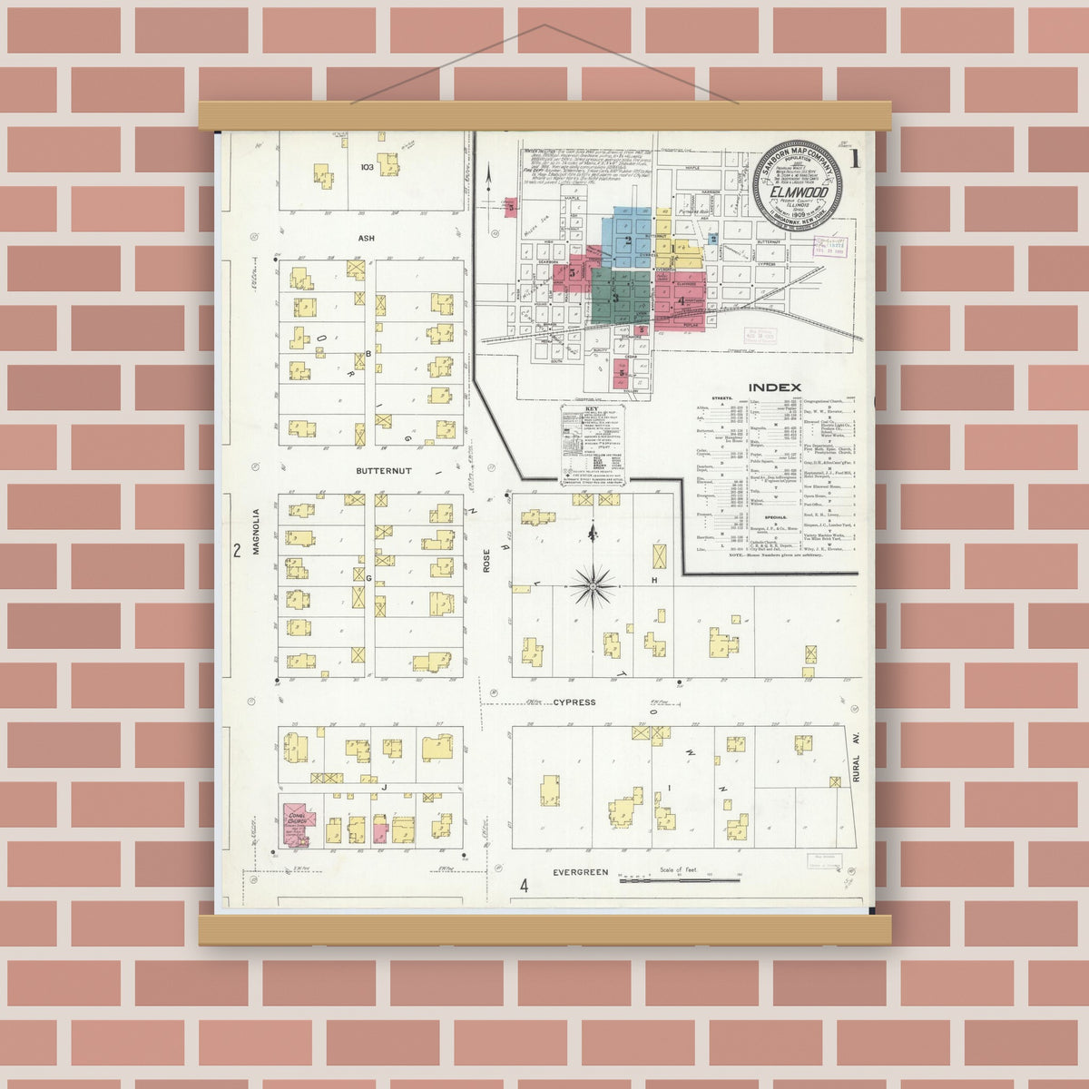 Old map wall art mockup — magnetic wood frame on brick wall — Sanborn Fire Insurance Map from Elmwood, Peoria County, Illinois (1909), Sheet #0001