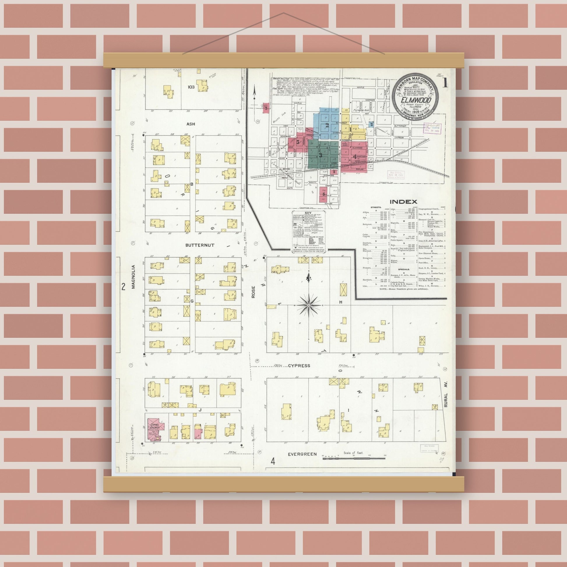 Old map wall art mockup — magnetic wood frame on brick wall — Sanborn Fire Insurance Map from Elmwood, Peoria County, Illinois (1909), Sheet #0001