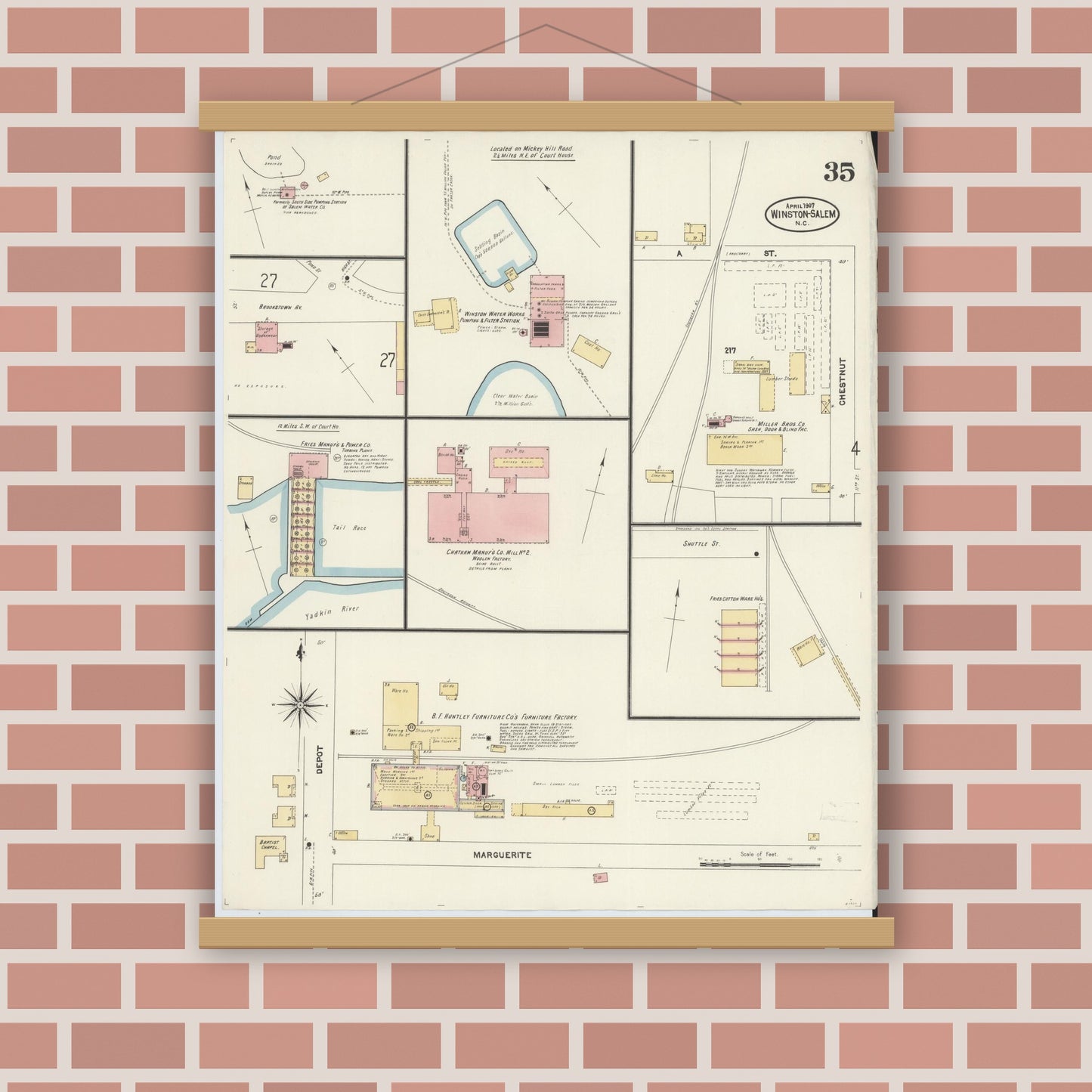 Old map wall art mockup — magnetic wood frame on brick wall — Sanborn Fire Insurance Map from Winston-Salem, Forsyth County, North Carolina (1907), Sheet #0035