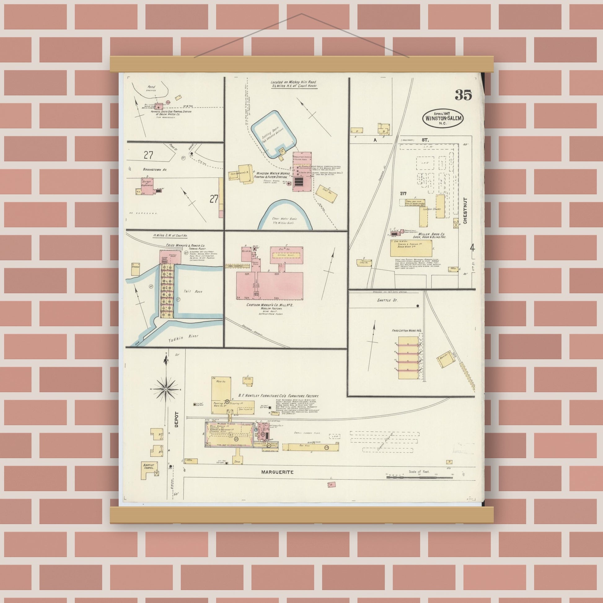 Old map wall art mockup — magnetic wood frame on brick wall — Sanborn Fire Insurance Map from Winston-Salem, Forsyth County, North Carolina (1907), Sheet #0035