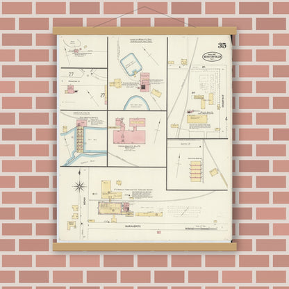 Old map wall art mockup — magnetic wood frame on brick wall — Sanborn Fire Insurance Map from Winston-Salem, Forsyth County, North Carolina (1907), Sheet #0035
