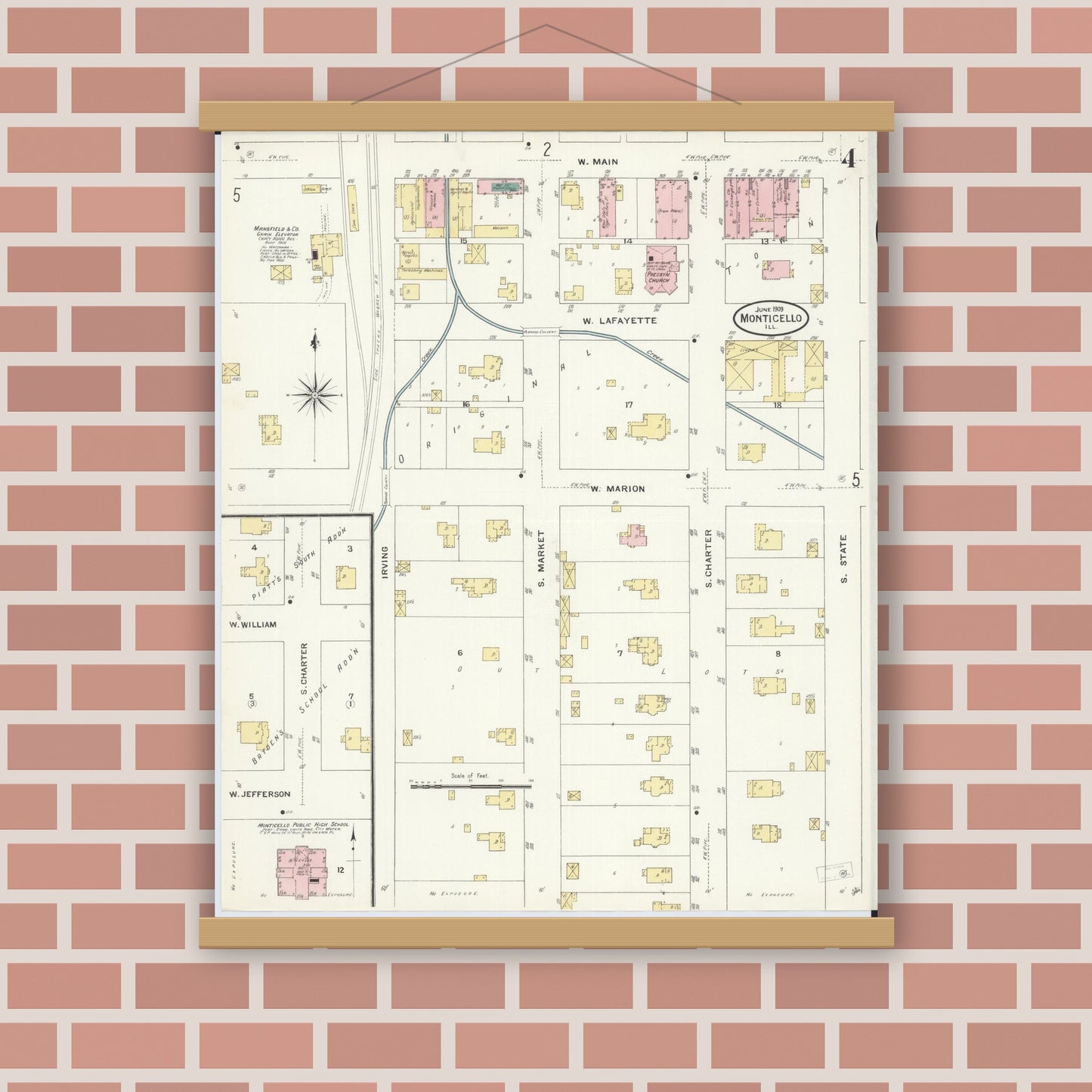Old map wall art mockup — magnetic wood frame on brick wall — Sanborn Fire Insurance Map from Monticello, Piatt County, Illinois (1909), Sheet #0004