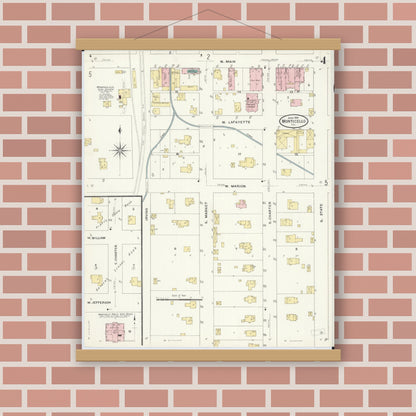 Old map wall art mockup — magnetic wood frame on brick wall — Sanborn Fire Insurance Map from Monticello, Piatt County, Illinois (1909), Sheet #0004