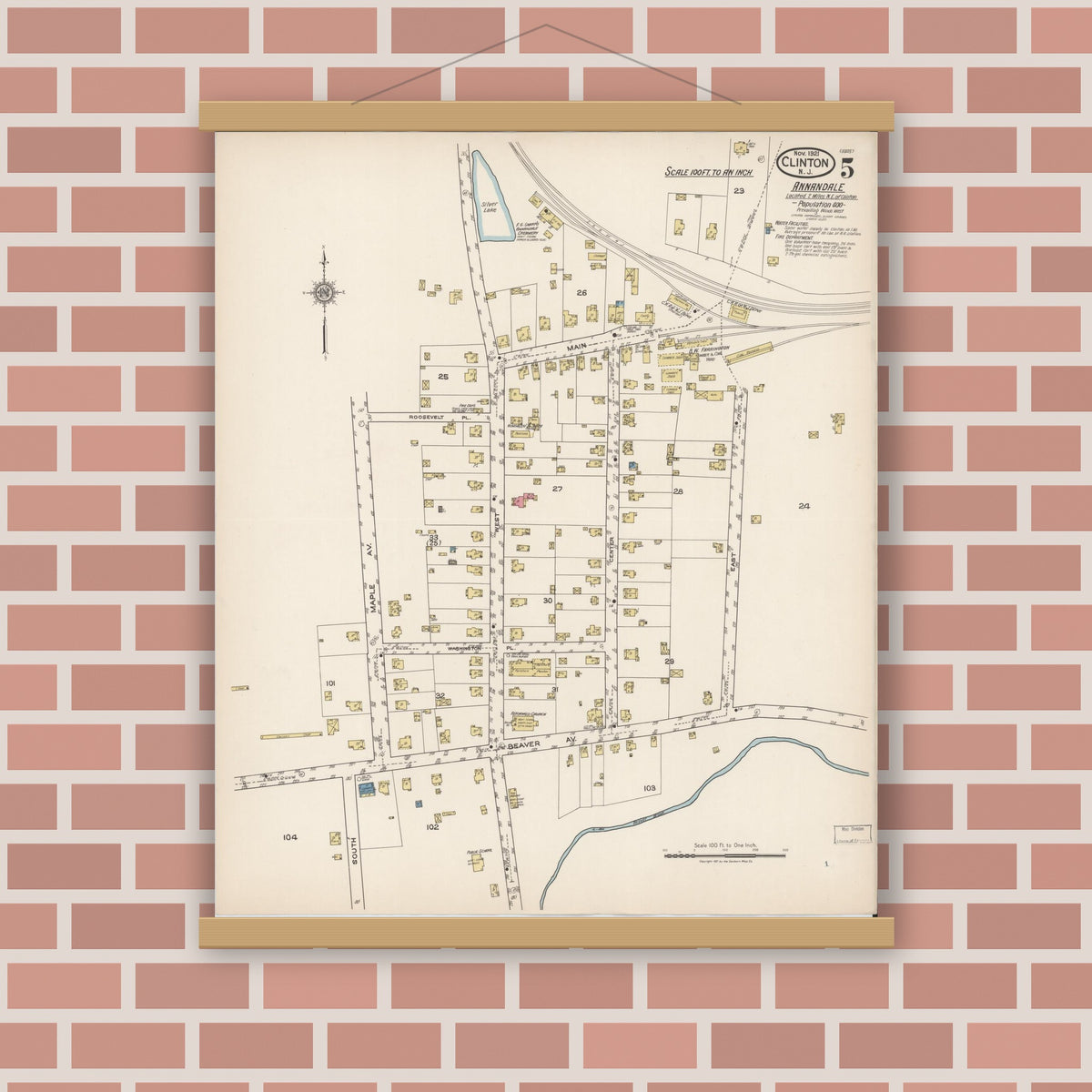 Old map wall art mockup — magnetic wood frame on brick wall — Sanborn Fire Insurance Map from Clinton, Hunterdon County, New Jersey (1921), Sheet #0005