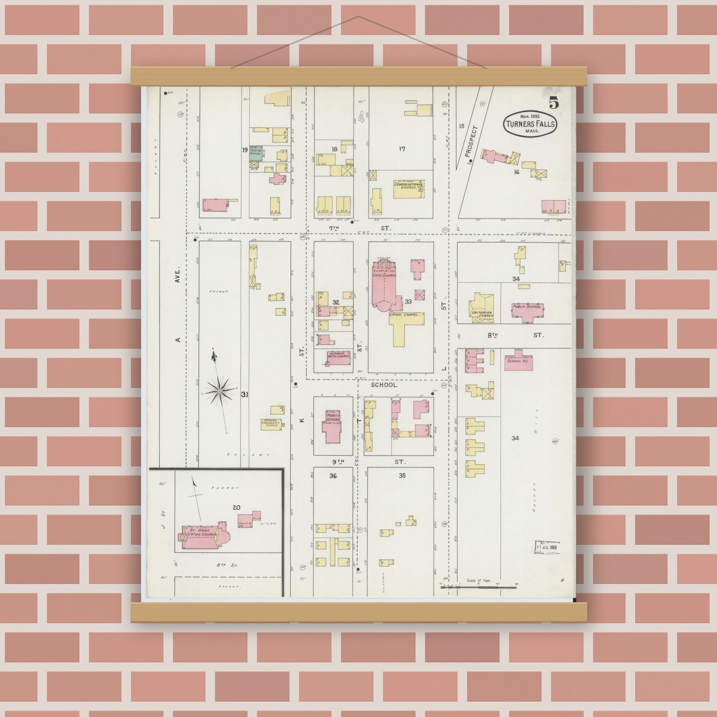 Old map wall art mockup — magnetic wood frame on brick wall — Sanborn Fire Insurance Map from Turners Falls, Franklin County, Massachusetts (1895), Sheet #0005