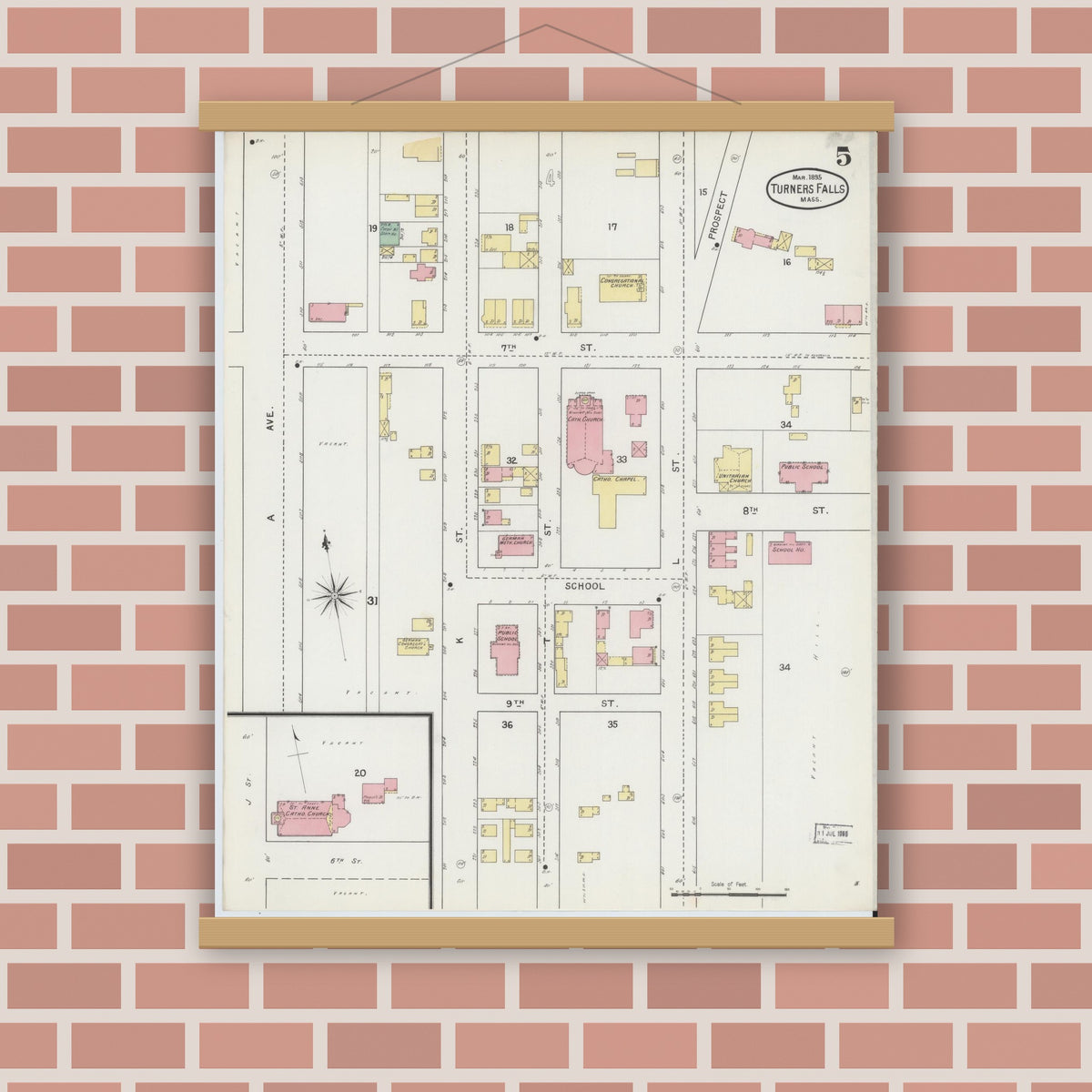 Old map wall art mockup — magnetic wood frame on brick wall — Sanborn Fire Insurance Map from Turners Falls, Franklin County, Massachusetts (1895), Sheet #0005