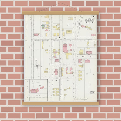 Old map wall art mockup — magnetic wood frame on brick wall — Sanborn Fire Insurance Map from Turners Falls, Franklin County, Massachusetts (1895), Sheet #0005