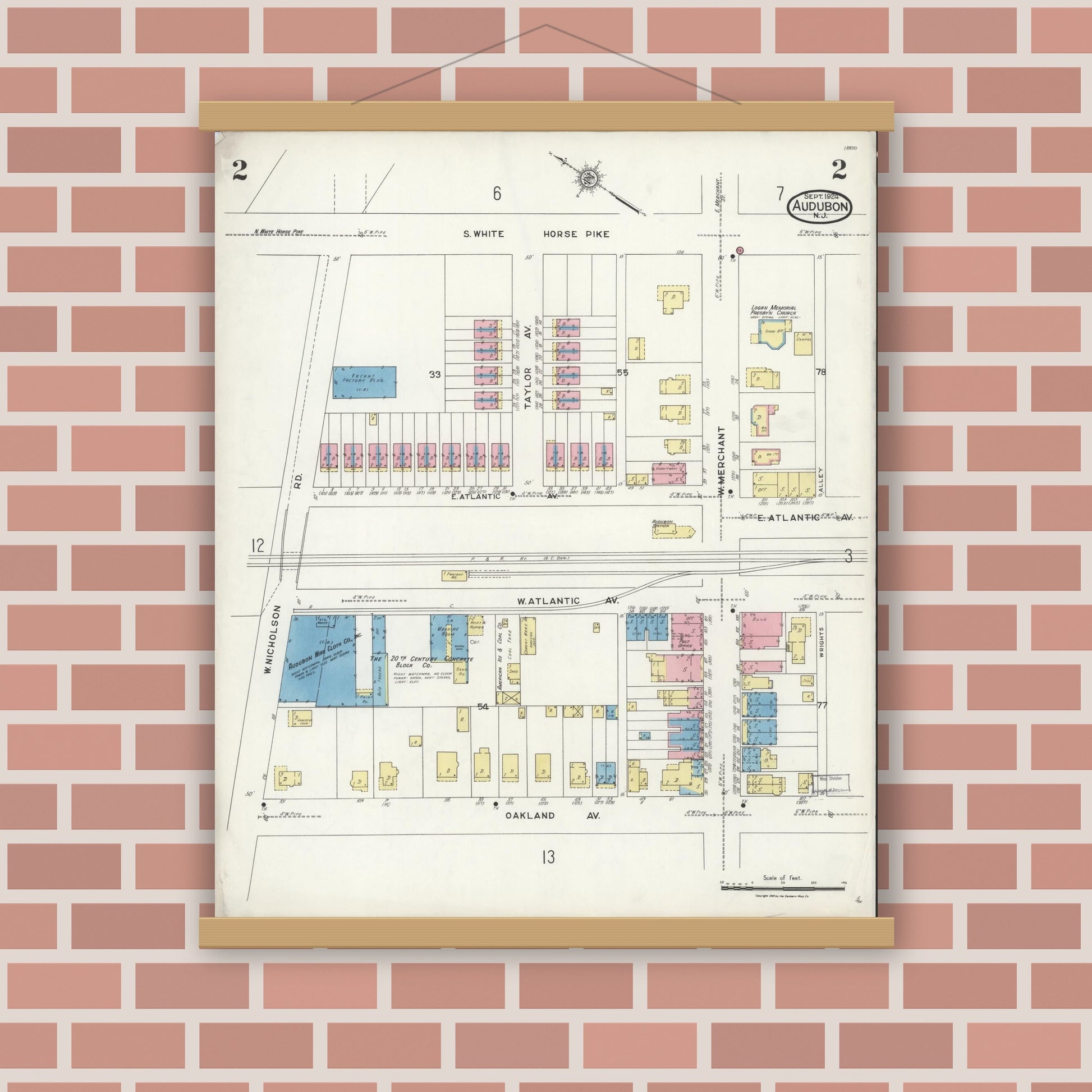 Old map wall art mockup — magnetic wood frame on brick wall — Sanborn Fire Insurance Map from Audubon, Camden County, New Jersey (1924), Sheet #0002