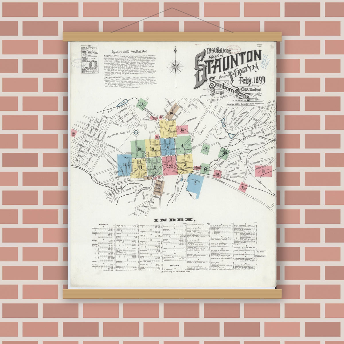 Old map wall art mockup — magnetic wood frame on brick wall — Sanborn Fire Insurance Map from Staunton, Independent Cities, Virginia (1899) - Complete Map Set