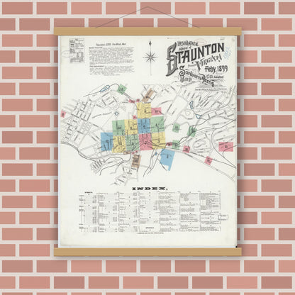 Old map wall art mockup — magnetic wood frame on brick wall — Sanborn Fire Insurance Map from Staunton, Independent Cities, Virginia (1899) - Complete Map Set