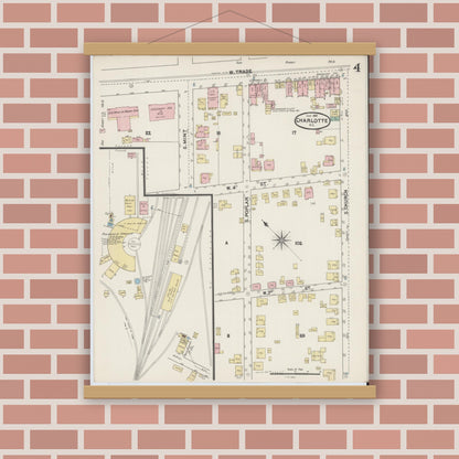 Old map wall art mockup — magnetic wood frame on brick wall — Sanborn Fire Insurance Map from Charlotte, Mecklenburg County, North Carolina (1890), Sheet #0004
