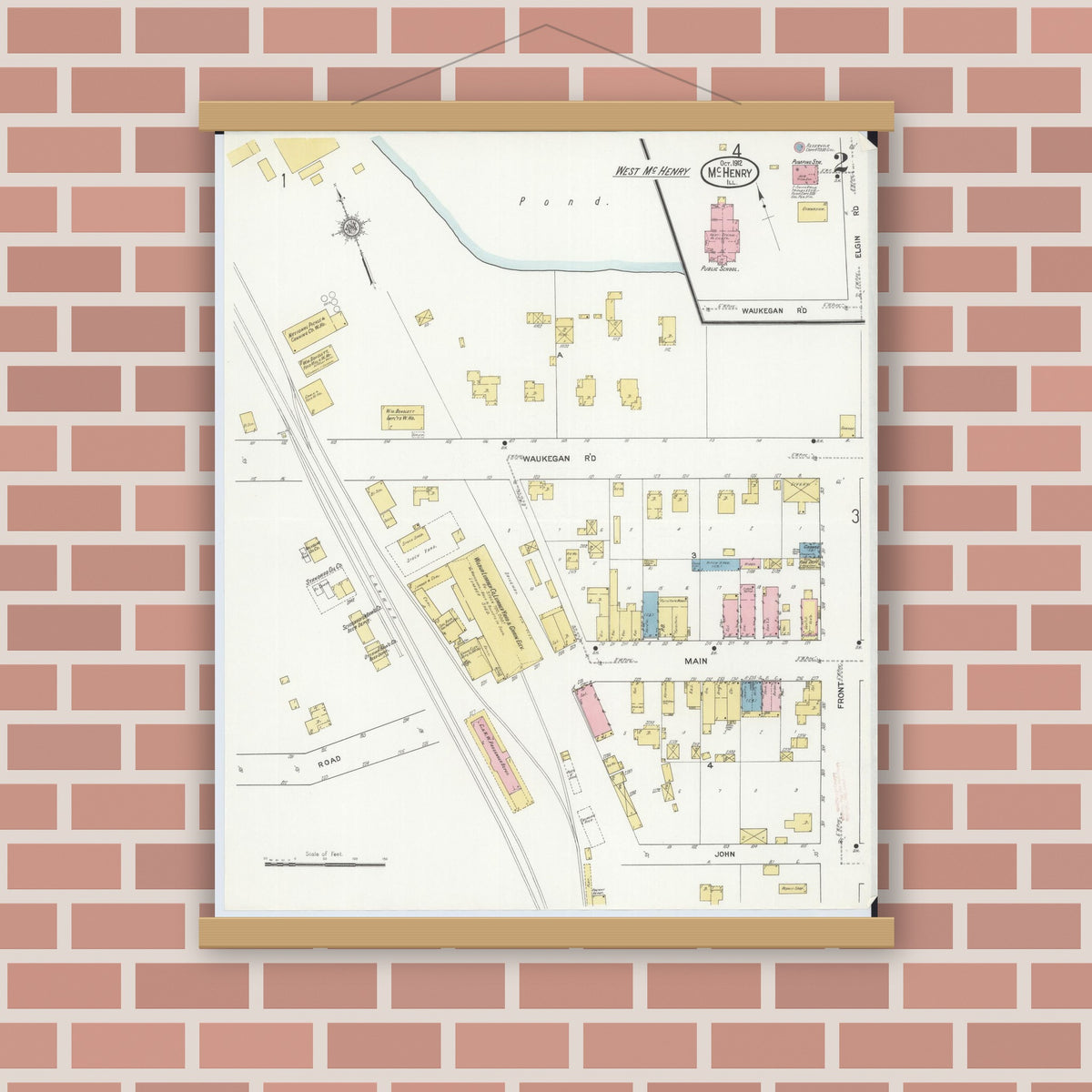 Old map wall art mockup — magnetic wood frame on brick wall — Sanborn Fire Insurance Map from McHenry, McHenry County, Illinois (1912), Sheet #0002