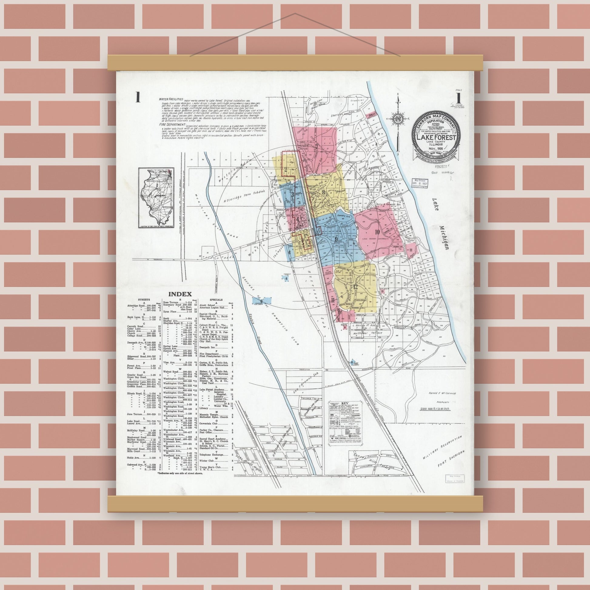 Old map wall art mockup — magnetic wood frame on brick wall — Sanborn Fire Insurance Map from Lake Forest, Lake County, Illinois (1926), Sheet #0001