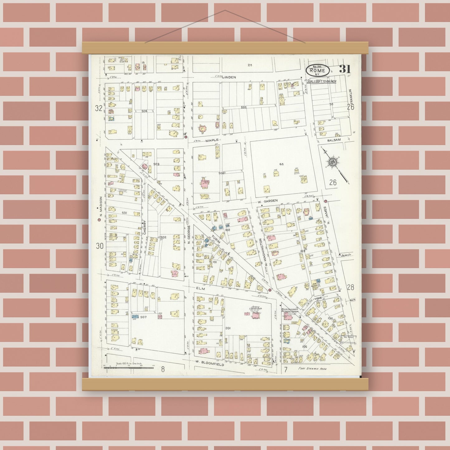 Old map wall art mockup — magnetic wood frame on brick wall — Sanborn Fire Insurance Map from Rome, Oneida County, New York (1914), Sheet #0031