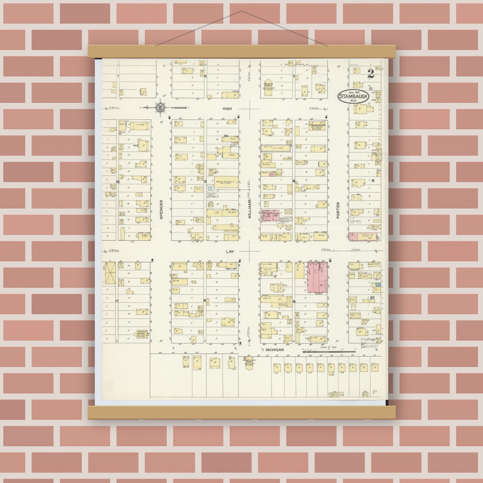 Old map wall art mockup — magnetic wood frame on brick wall — Sanborn Fire Insurance Map from Stambaugh, Iron County, Michigan (1913), Sheet #0002