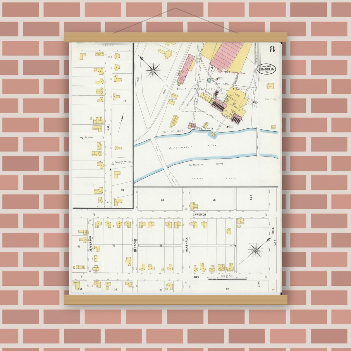 Old map wall art mockup — magnetic wood frame on brick wall — Sanborn Fire Insurance Map from Franklin, Independent Cities, Virginia (1907), Sheet #0008