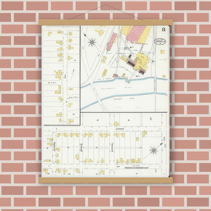 Old map wall art mockup — magnetic wood frame on brick wall — Sanborn Fire Insurance Map from Franklin, Independent Cities, Virginia (1907), Sheet #0008