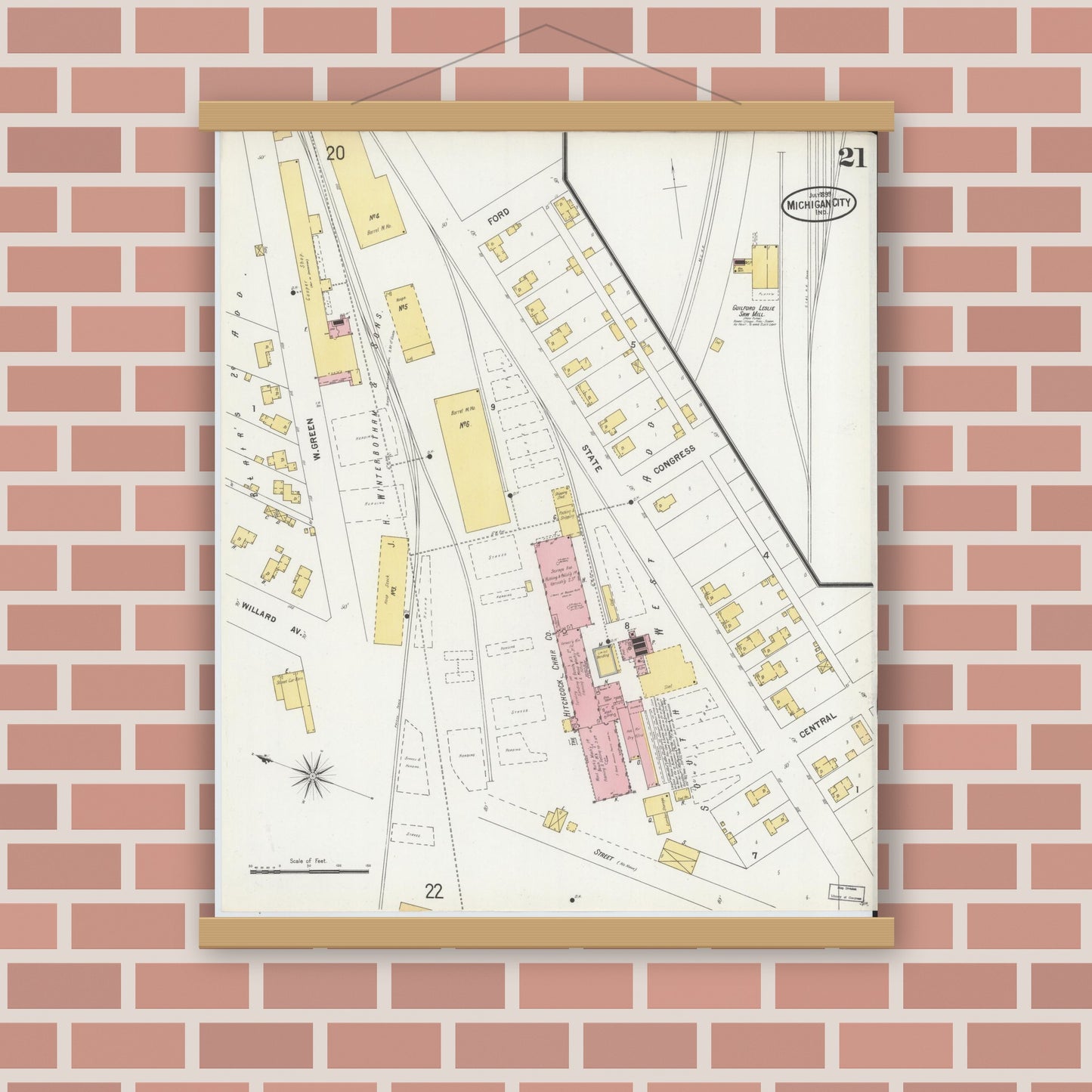 Old map wall art mockup — magnetic wood frame on brick wall — Sanborn Fire Insurance Map from Michigan City, La Porte County, Indiana (1899), Sheet #0021