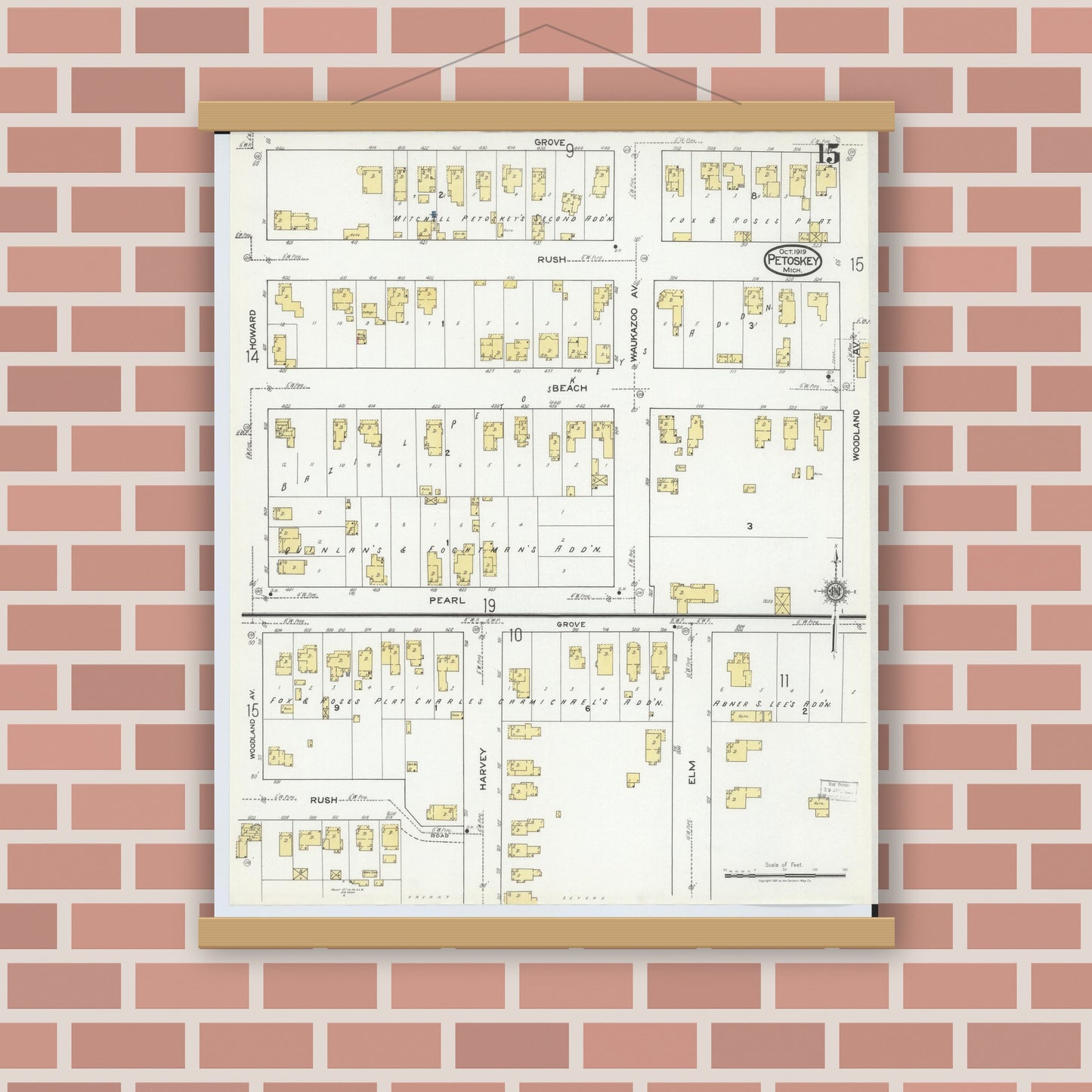 Old map wall art mockup — magnetic wood frame on brick wall — Sanborn Fire Insurance Map from Petoskey, Emmet County, Michigan (1919), Sheet #0015