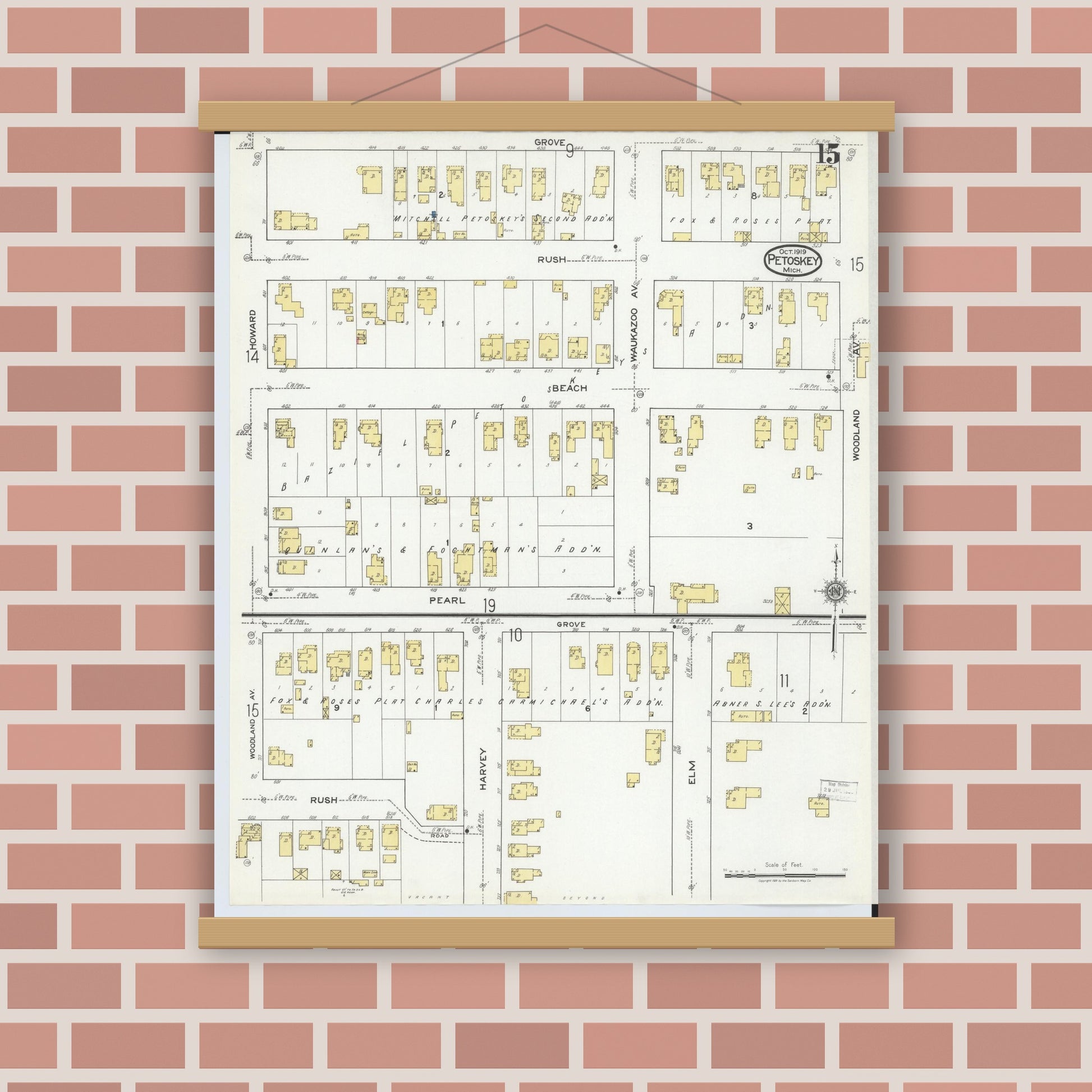 Old map wall art mockup — magnetic wood frame on brick wall — Sanborn Fire Insurance Map from Petoskey, Emmet County, Michigan (1919), Sheet #0015