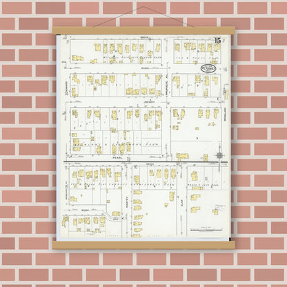 Old map wall art mockup — magnetic wood frame on brick wall — Sanborn Fire Insurance Map from Petoskey, Emmet County, Michigan (1919), Sheet #0015