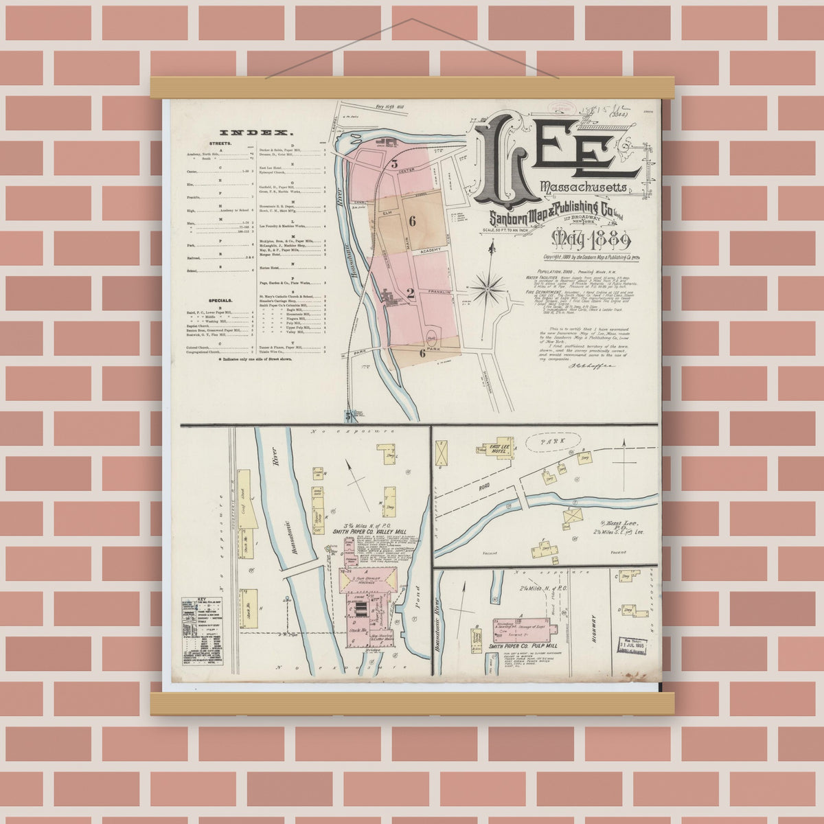 Old map wall art mockup — magnetic wood frame on brick wall — Sanborn Fire Insurance Map from Lee, Berkshire County, Massachusetts (1889) - Complete Map Set