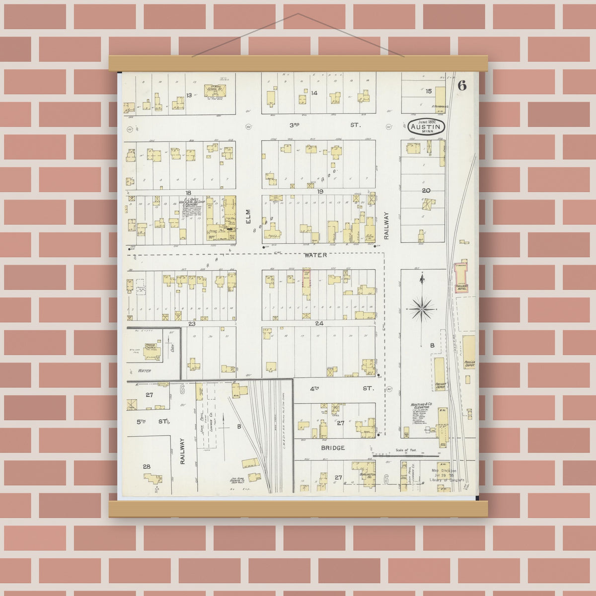 Old map wall art mockup — magnetic wood frame on brick wall — Sanborn Fire Insurance Map from Austin, Mower County, Minnesota (1892), Sheet #0006