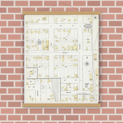Old map wall art mockup — magnetic wood frame on brick wall — Sanborn Fire Insurance Map from Austin, Mower County, Minnesota (1892), Sheet #0006