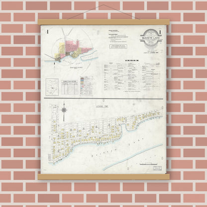 Old map wall art mockup — magnetic wood frame on brick wall — Sanborn Fire Insurance Map from Buckeye Lake, Licking County, Ohio (1946) - Complete Map Set