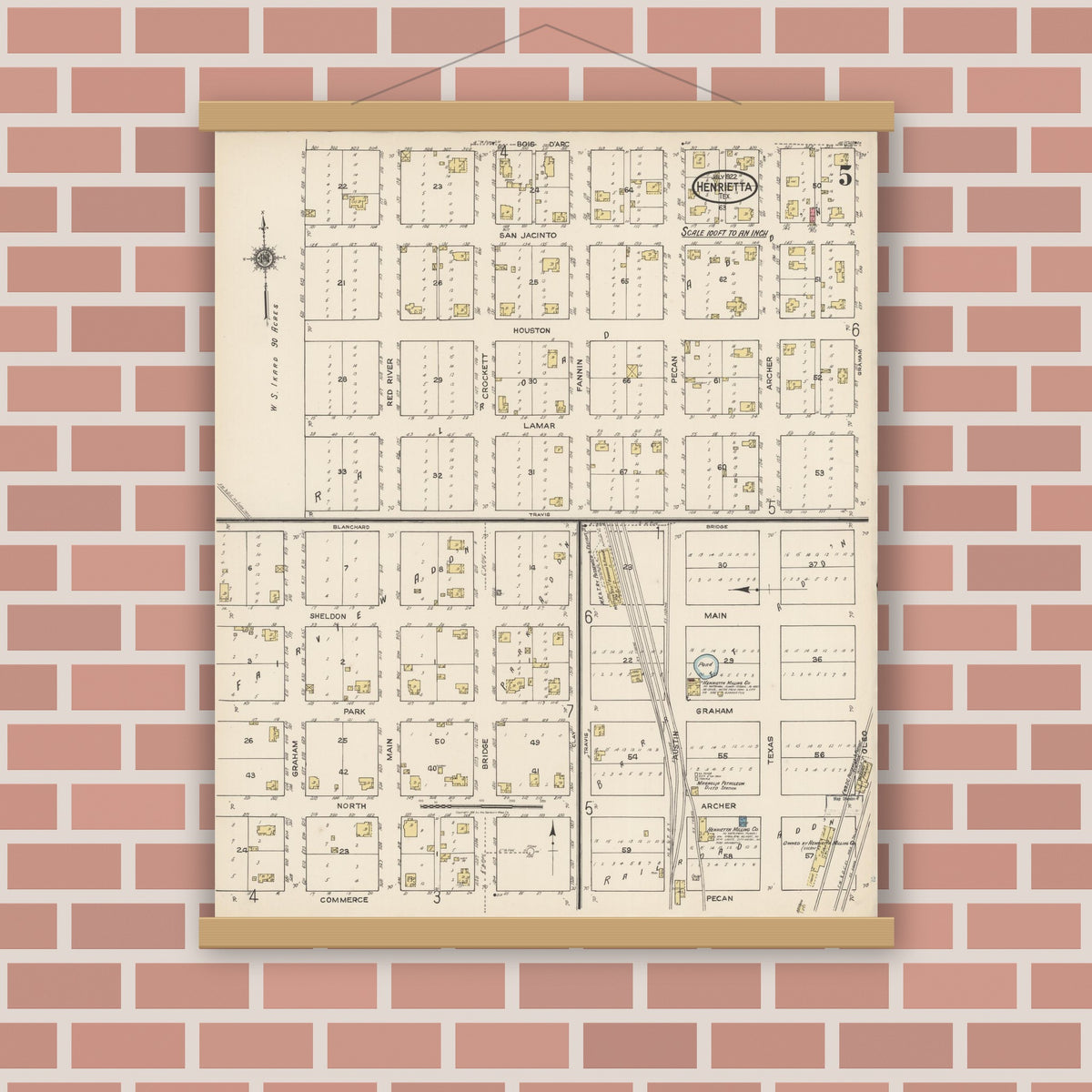 Old map wall art mockup — magnetic wood frame on brick wall — Sanborn Fire Insurance Map from Henrietta, Clay County, Texas (1922), Sheet #0005