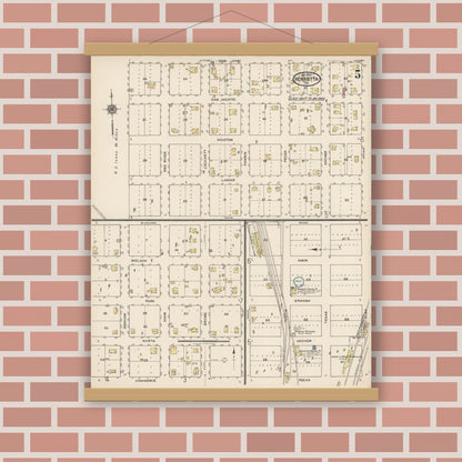 Old map wall art mockup — magnetic wood frame on brick wall — Sanborn Fire Insurance Map from Henrietta, Clay County, Texas (1922), Sheet #0005