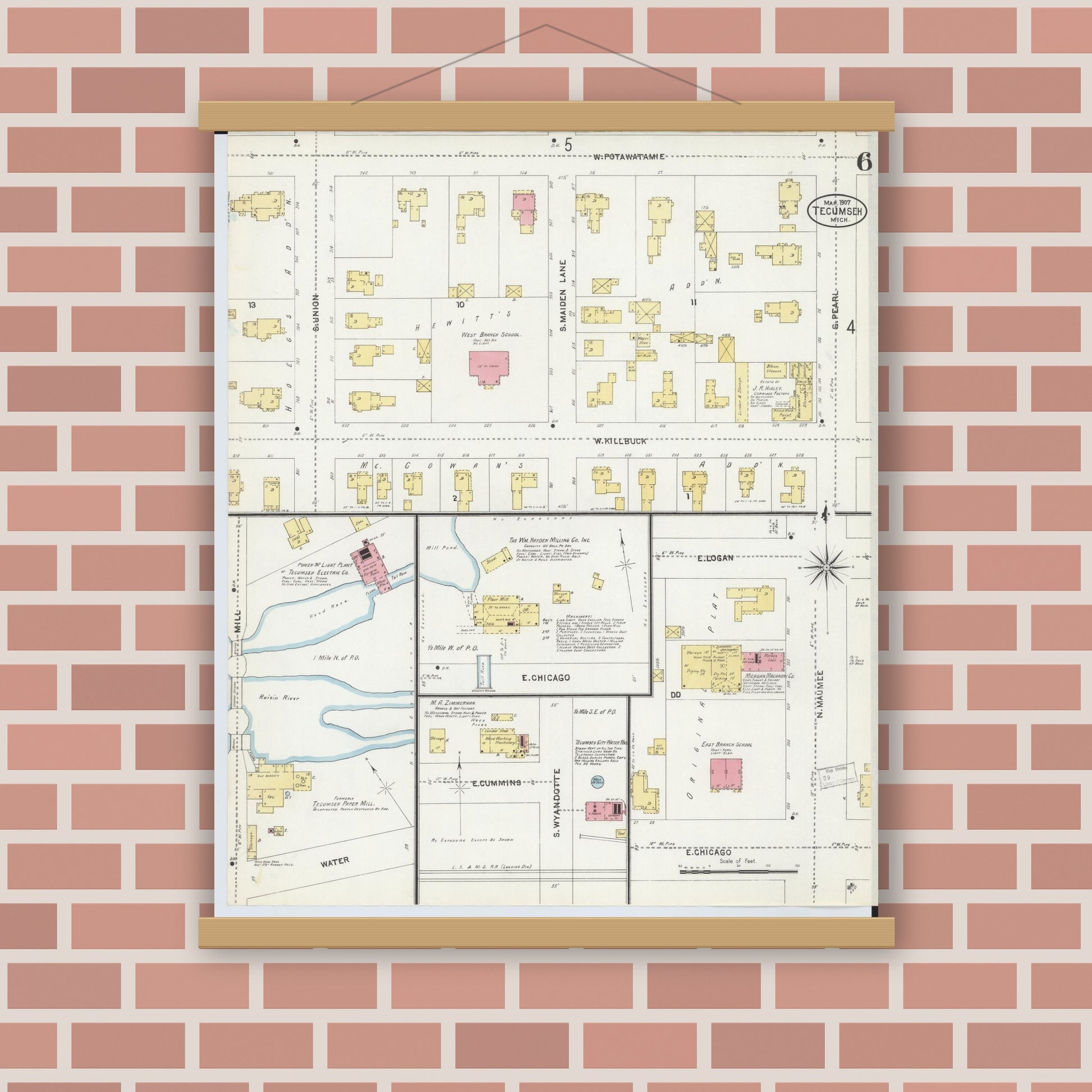 Old map wall art mockup — magnetic wood frame on brick wall — Sanborn Fire Insurance Map from Tecumseh, Lenawee County, Michigan (1907), Sheet #0006