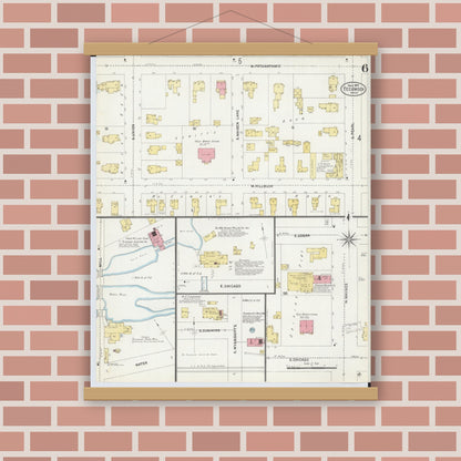 Old map wall art mockup — magnetic wood frame on brick wall — Sanborn Fire Insurance Map from Tecumseh, Lenawee County, Michigan (1907), Sheet #0006