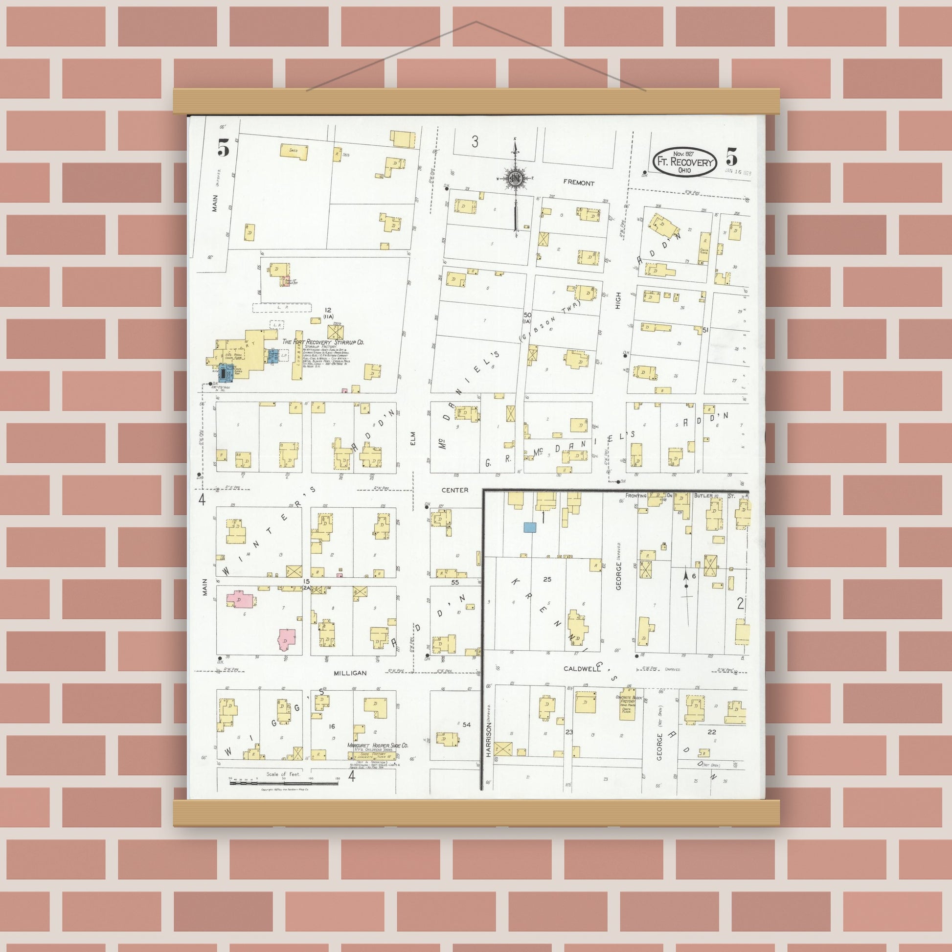 Old map wall art mockup — magnetic wood frame on brick wall — Sanborn Fire Insurance Map from Fort Recovery, Mercer County, Ohio (1927), Sheet #0005