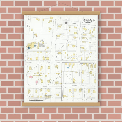 Old map wall art mockup — magnetic wood frame on brick wall — Sanborn Fire Insurance Map from Fort Recovery, Mercer County, Ohio (1927), Sheet #0005