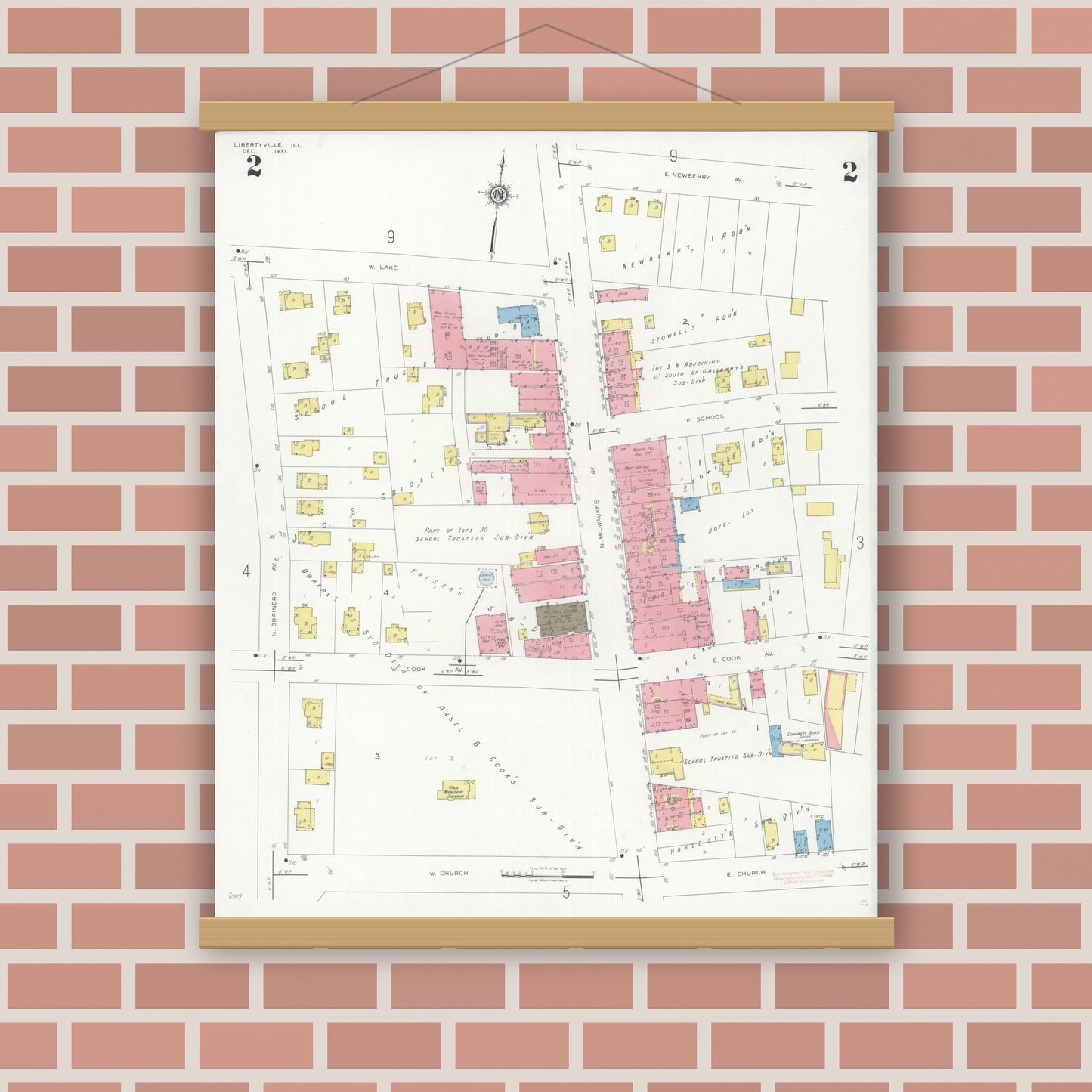 Old map wall art mockup — magnetic wood frame on brick wall — Sanborn Fire Insurance Map from Libertyville, Lake County, Illinois (1933), Sheet #0002