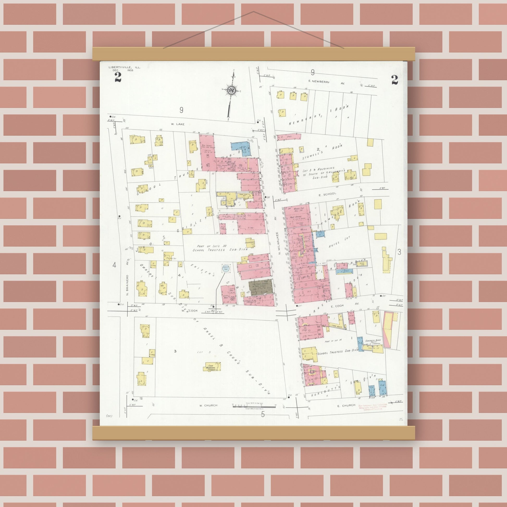 Old map wall art mockup — magnetic wood frame on brick wall — Sanborn Fire Insurance Map from Libertyville, Lake County, Illinois (1933), Sheet #0002