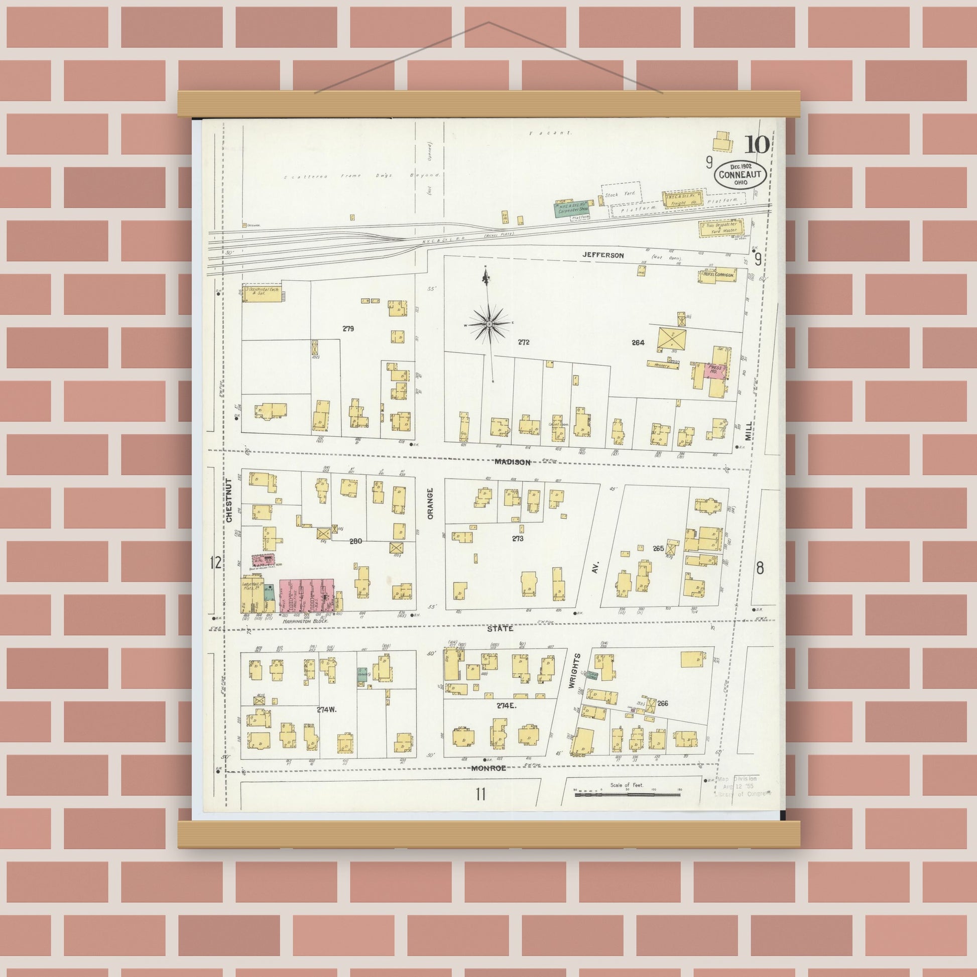Old map wall art mockup — magnetic wood frame on brick wall — Sanborn Fire Insurance Map from Conneaut, Ashtabula County, Ohio (1902), Sheet #0010