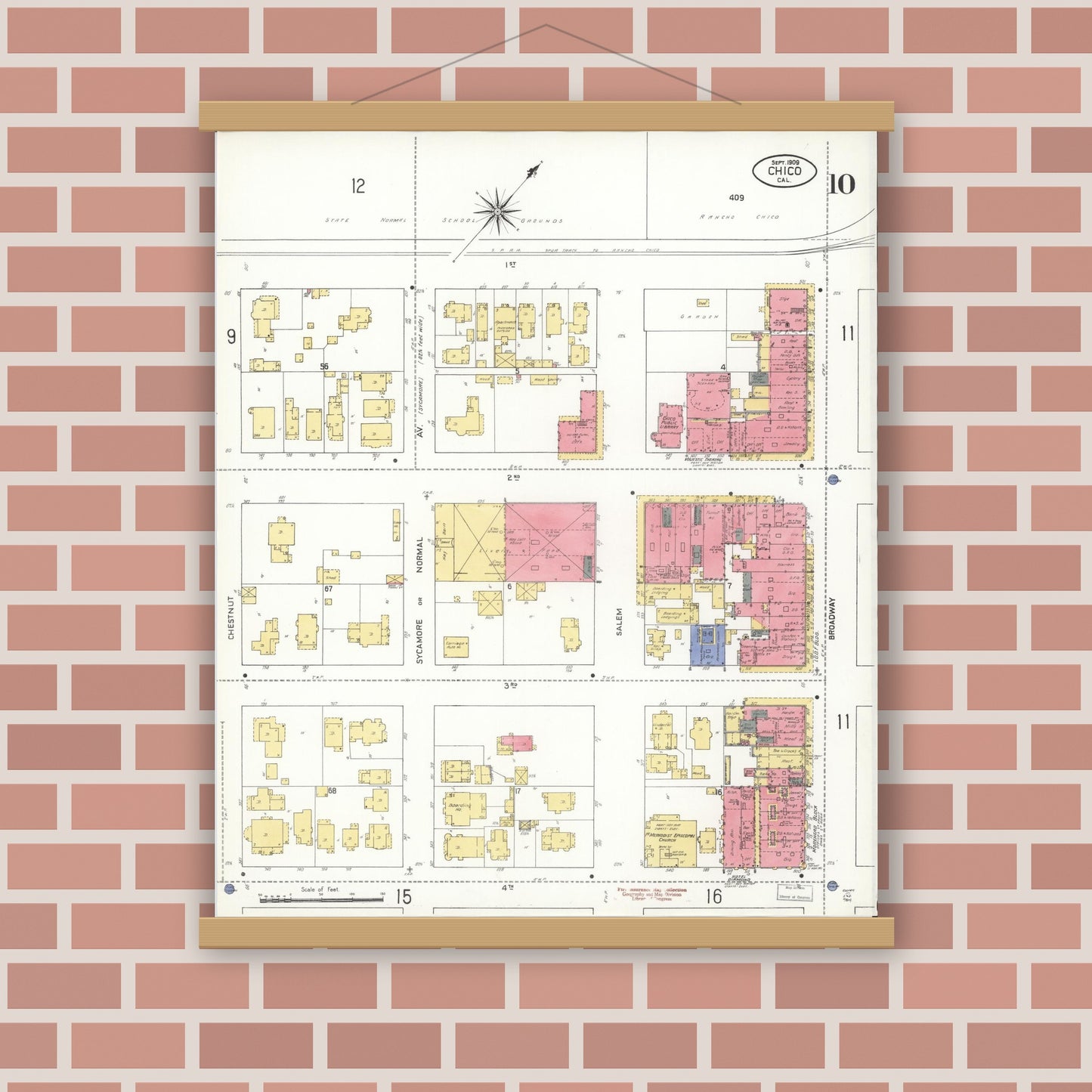 Old map wall art mockup — magnetic wood frame on brick wall — Sanborn Fire Insurance Map from Chico, Butte County, California (1909), Sheet #0010