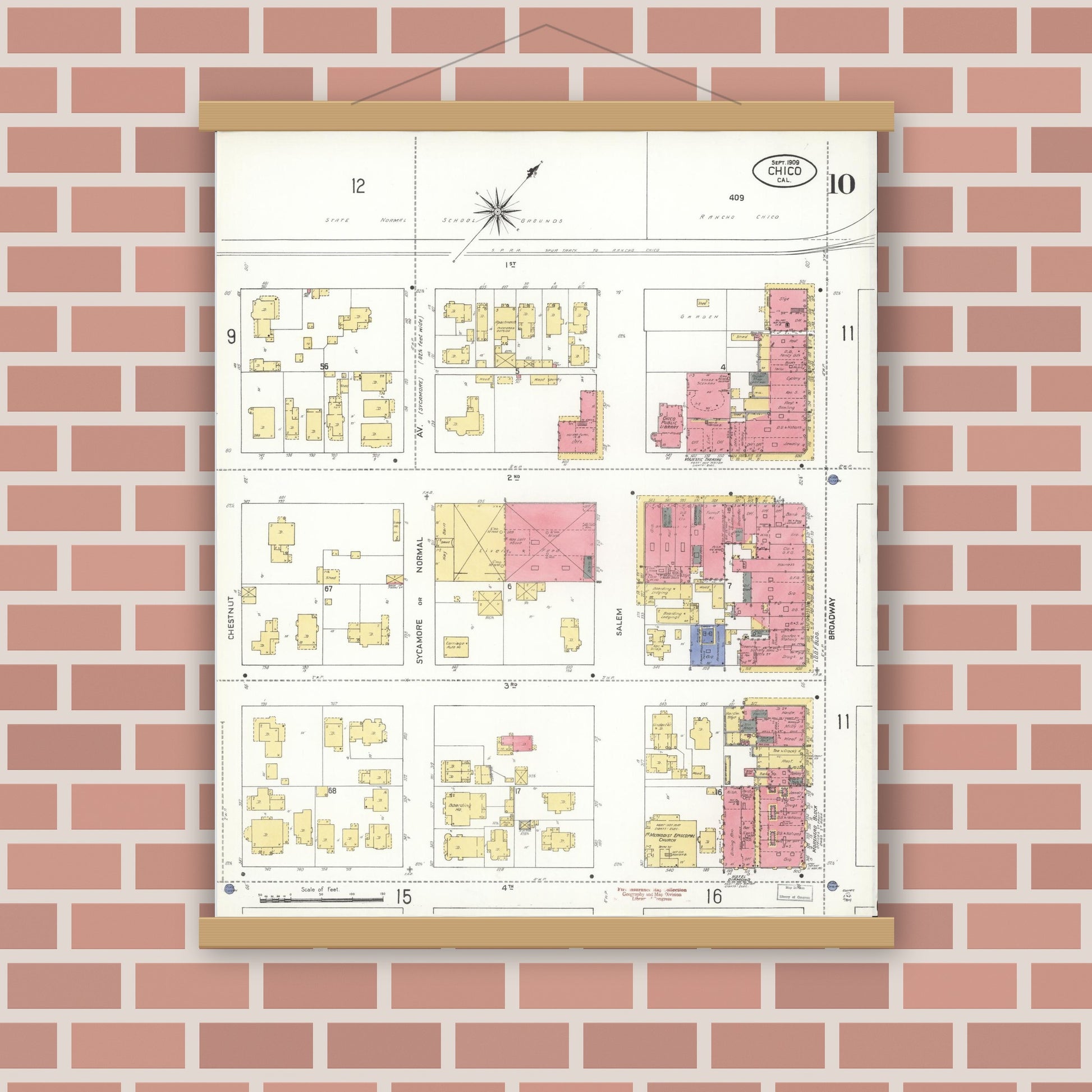 Old map wall art mockup — magnetic wood frame on brick wall — Sanborn Fire Insurance Map from Chico, Butte County, California (1909), Sheet #0010