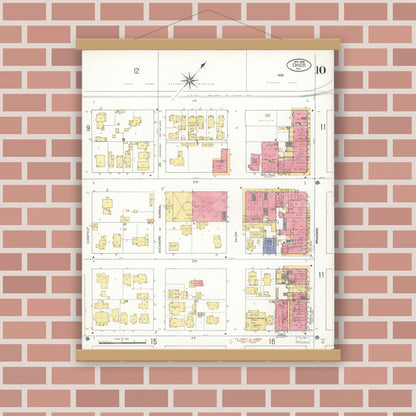 Old map wall art mockup — magnetic wood frame on brick wall — Sanborn Fire Insurance Map from Chico, Butte County, California (1909), Sheet #0010