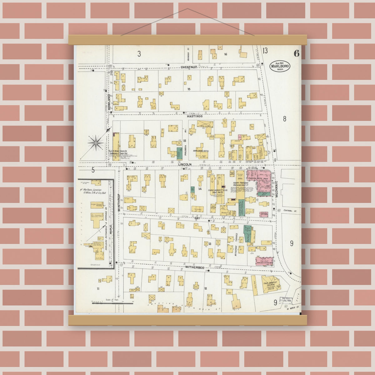Old map wall art mockup — magnetic wood frame on brick wall — Sanborn Fire Insurance Map from Marlborough, Middlesex County, Massachusetts (1901), Sheet #0006