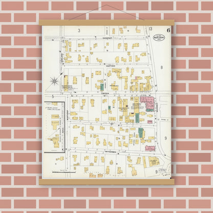Old map wall art mockup — magnetic wood frame on brick wall — Sanborn Fire Insurance Map from Marlborough, Middlesex County, Massachusetts (1901), Sheet #0006