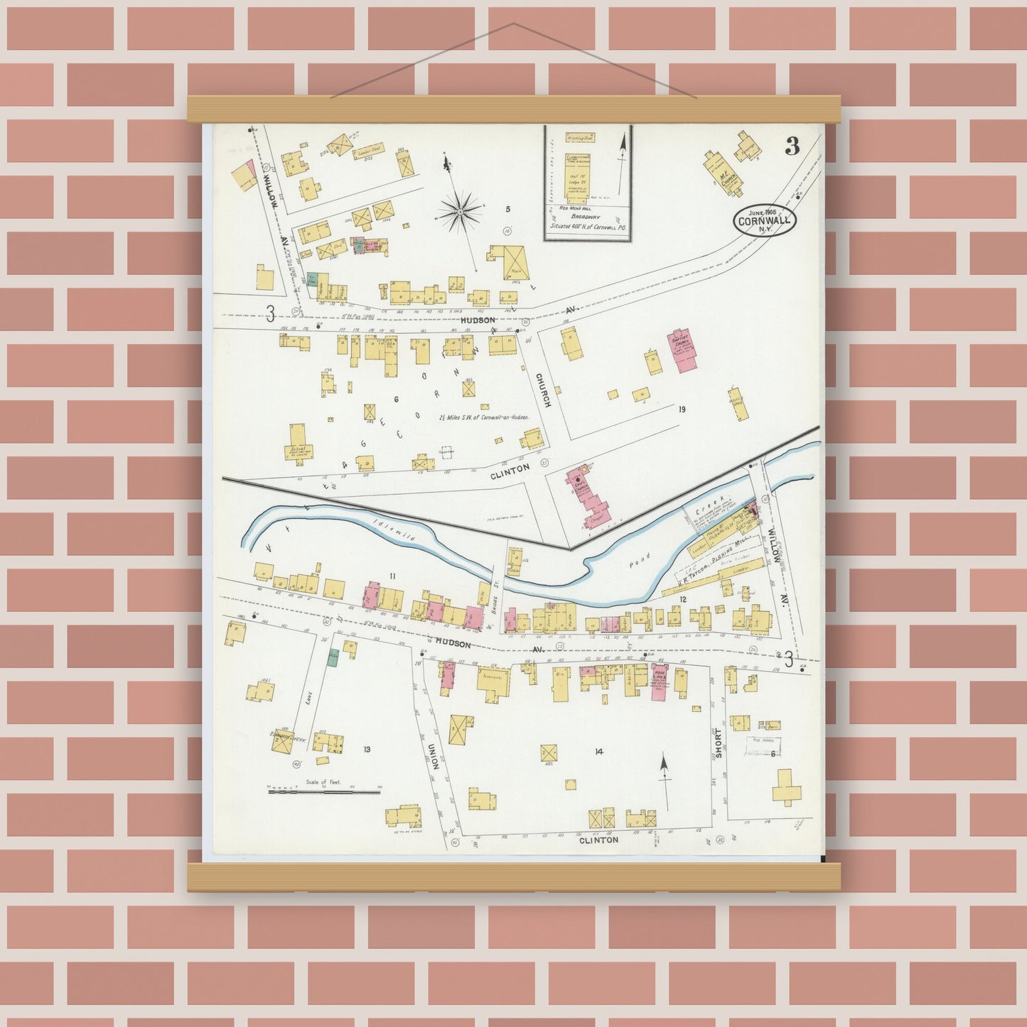Old map wall art mockup — magnetic wood frame on brick wall — Sanborn Fire Insurance Map from Cornwall, Orange County, New York (1905), Sheet #0003