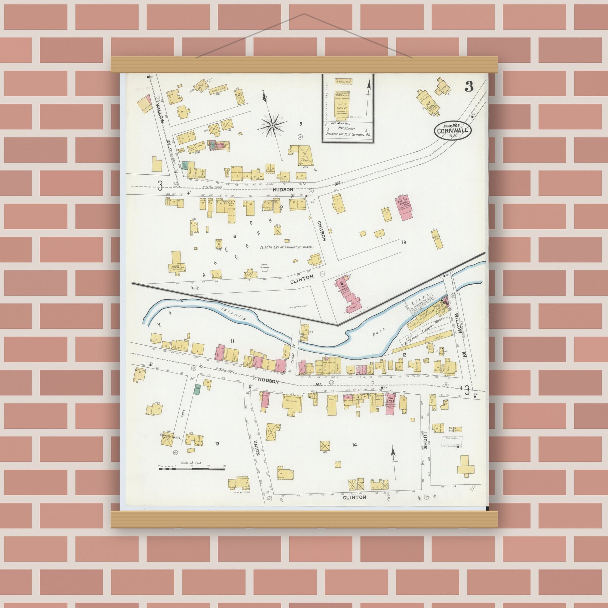 Old map wall art mockup — magnetic wood frame on brick wall — Sanborn Fire Insurance Map from Cornwall, Orange County, New York (1905), Sheet #0003