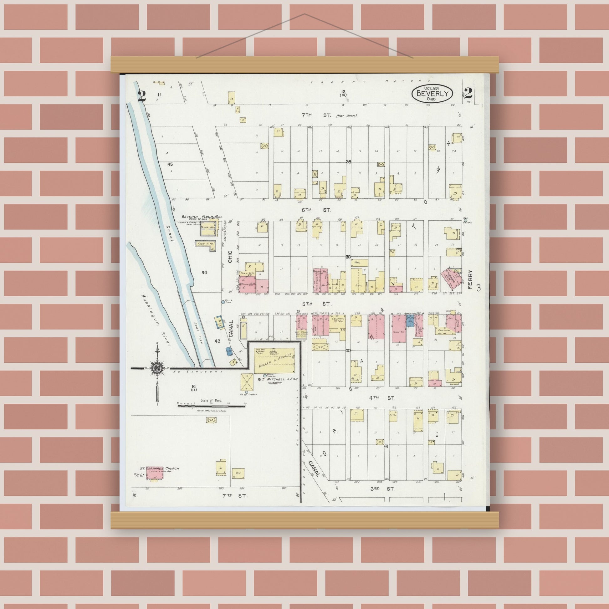 Old map wall art mockup — magnetic wood frame on brick wall — Sanborn Fire Insurance Map from Beverly, Washington County, Ohio (1924), Sheet #0002
