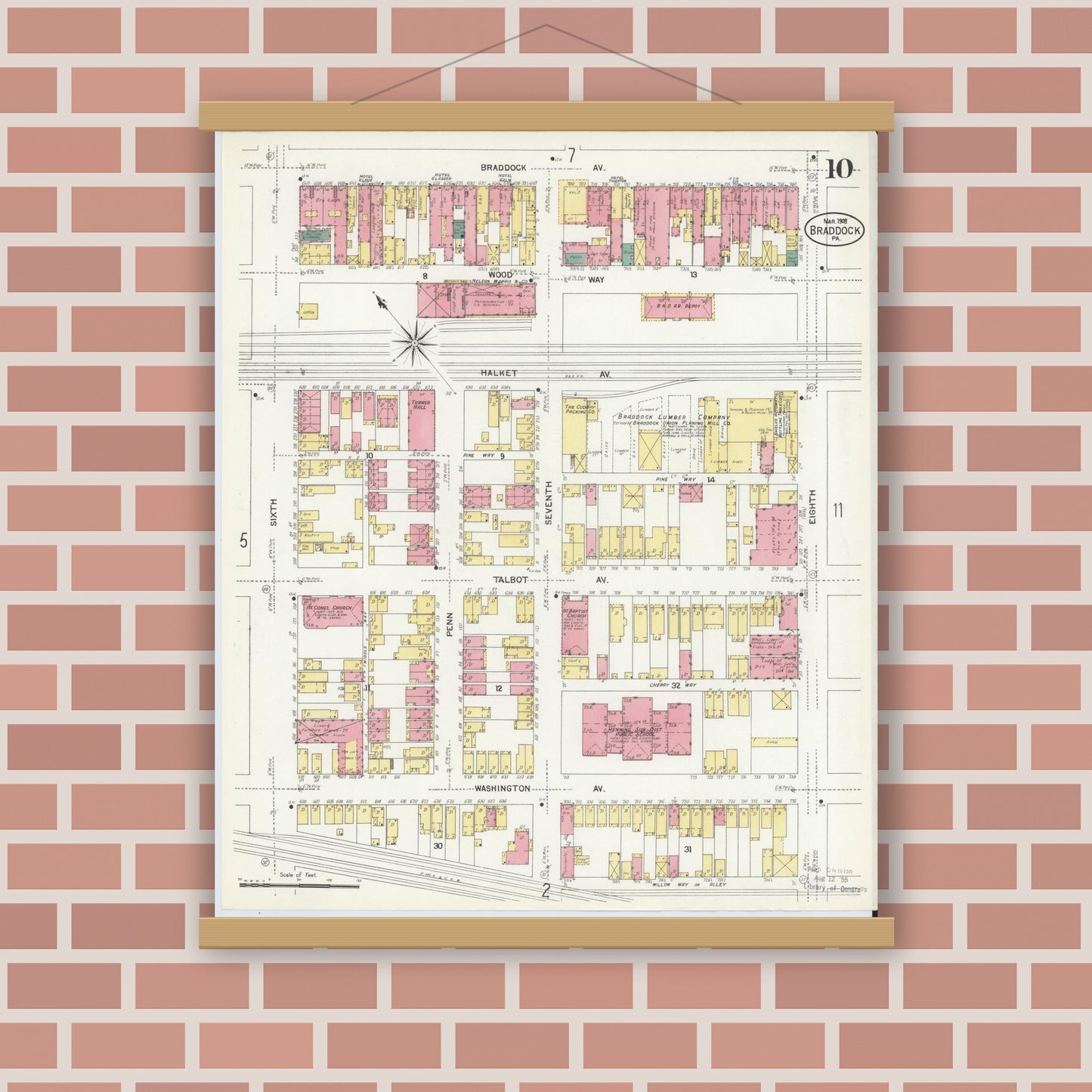 Old map wall art mockup — magnetic wood frame on brick wall — Sanborn Fire Insurance Map from Braddock, Allegheny County, Pennsylvania (1908), Sheet #0010